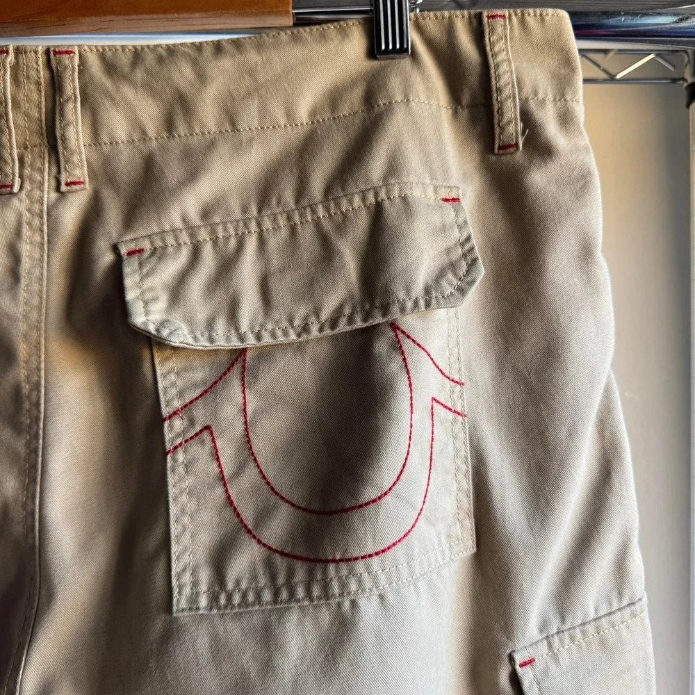 True Religion Mens Khaki Cargo Shorts Tan Y2K Streetwear Utility Size 38